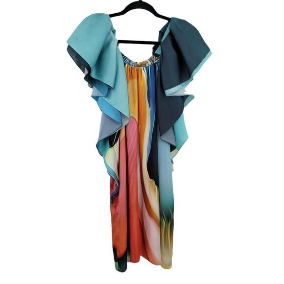 Designer Mary Katrantzou Dress Artsy Unique Rainbow Flutter Sleeve Kaftan 10‎ - Picture 8 of 11